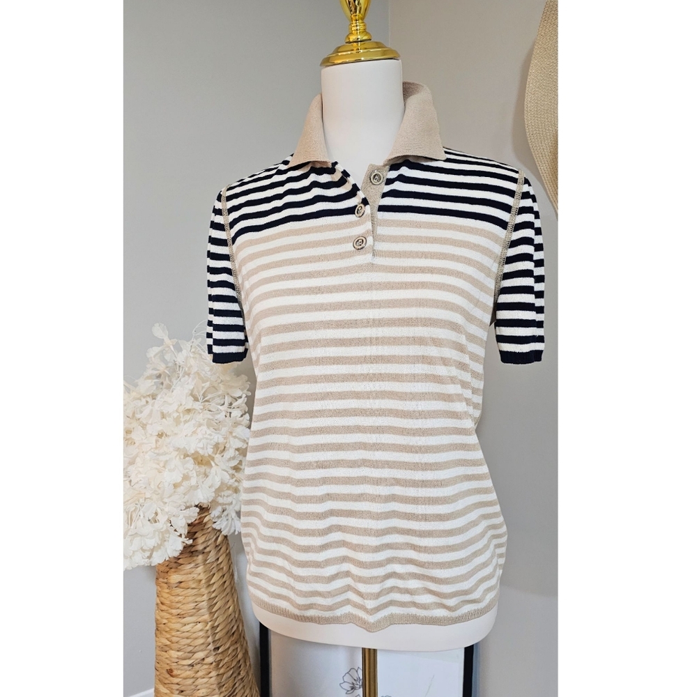 St. John Sport Striped Tan & Navy Collared Short Sleeve Top